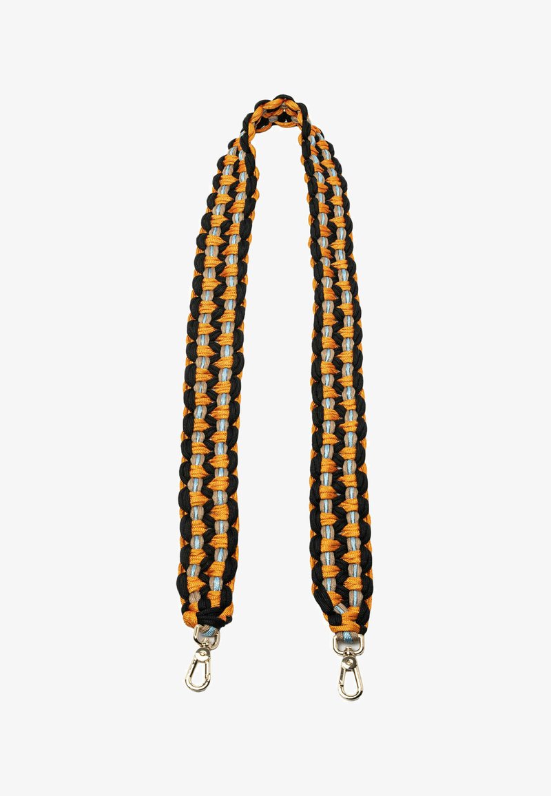 Gevlochten band met zwarte, oranje en zilveren texturen, met metalen clips aan elk uiteinde voor bevestiging. Verstelbare lengte.
