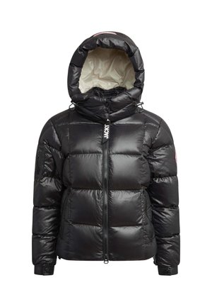 Giacca a vento nera con esterno lucido e trapuntato, cappuccio, chiusura con zip e polsini elasticizzati; presenta un'etichetta con logo sulla zip e tasche laterali.