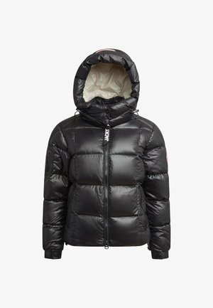 Giacca a vento nera con esterno lucido e trapuntato, cappuccio, chiusura con zip e polsini elasticizzati; presenta un'etichetta con logo sulla zip e tasche laterali.