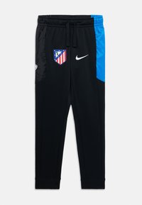 Melni sporta bikses ar ziliem akcentiem, elastīga josta, sānu kabatas, Nike logs un Atlético Madrid emblēma priekšpusē.