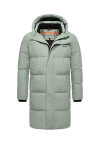 Cappotto imbottito verde chiaro con cappuccio, dotato di zip frontale, motivo trapuntato e dettagli neri sulle maniche. Tessuto testurizzato, lunghezza media.