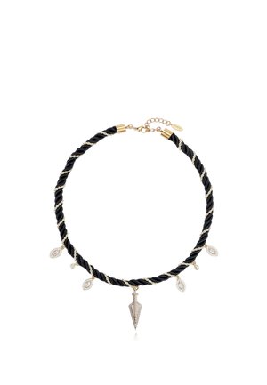 Black twisted cord necklace with gold accents, five small dangling clear gemstone charms, and a central arrowhead-shaped pendant.