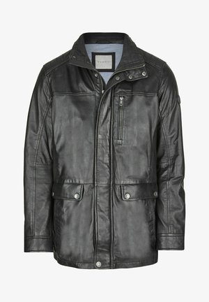 Schwarze Lederjacke mit Reißverschluss vorne, Druckknöpfen und mehreren Taschen. Sie verfügt über einen gesteppte Kragen und ein weiches Innenfutter.