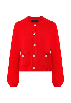 Bright red cardigan with round neckline, silver buttons down front, two front pockets with buttons, and ribbed cuffs and hem.