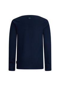 Marineblaue Langarm-T-Shirt aus weicher Baumwolle mit Rundhalsausschnitt. Hat ein schlichtes Design und ein kleines Logotäfelchen am unteren Rand.