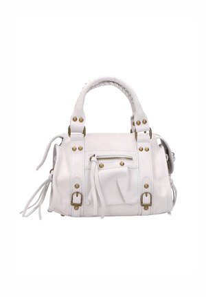Weiße Lederhandtasche mit geflochtenen Griffen, goldenen Hardware-Akzenten, einer vorderen Reißverschlusstasche, seitlichen Quasten und strukturiertem Design.