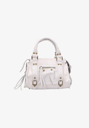 White leather handbag with braided handles, gold hardware accents, front zippered pocket, side tassels, and structured shape.