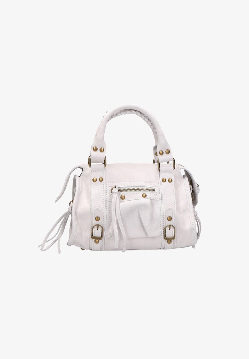 Borsa a mano in pelle bianca con manici intrecciati, dettagli in metallo dorato, tasca frontale con zip, nappine laterali e forma strutturata.