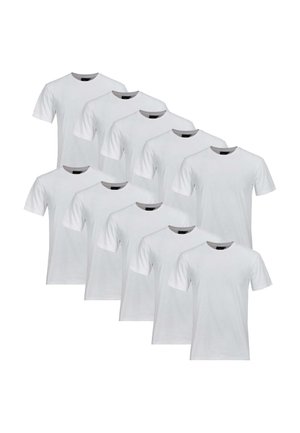 Zehn schlichte weiße T-Shirts mit kurzen Ärmeln und Rundhalsausschnitt, angeordnet in zwei versetzten Reihen auf weißem Hintergrund.