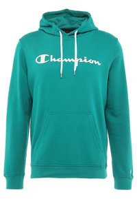 Felpa teal realizzata in tessuto misto cotone, con tasca a marsupio frontale, cordini bianchi e un grande logo "Champion" sul petto.