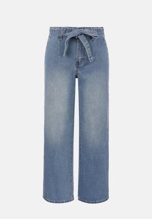 Lyseblå, høytlivs vide jeans med knyttet stoffbelte og frontlommer, med en lett falmet vaskeeffekt.