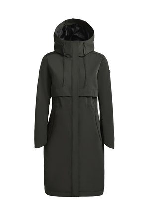Manteau imperméable vert olive avec capuche, présentant une fermeture éclair à l'avant, des poches latérales et un design mi-long. Texture lisse et style minimaliste.