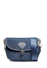 Borsa a tracolla blu navy realizzata in materiale resistente, con chiusura a patta, accessori dorati e una tracolla testurizzata. Superficie liscia con dettaglio del logo.