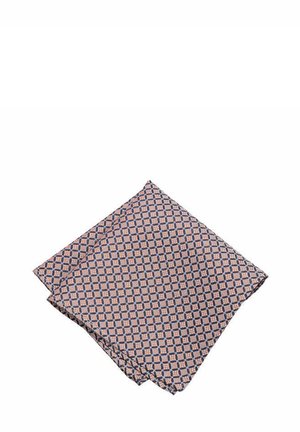 Gemusterte Taschentuch in Marineblau, Pfirsich und Creme; verfügt über ein geometrisches Design mit weicher Textur und glatter Oberfläche.