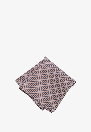 Patterned pocket square in navy blue, peach, and cream; features a geometric design with a soft texture and smooth finish.