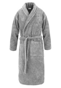 Grau farbener Bademantel aus weichem, strukturiertem Fleece-Material, mit langen Ärmeln, einem gebundenen Gürtel und einer Fronttasche. Mit einem Schalkragen und Stickereien.