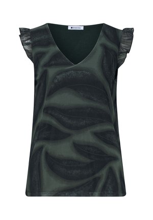 Top sin mangas verde oscuro con patrones abstractos de hojas negras y detalles semitransparentes con volantes en los hombros, escote en V, etiqueta Street One.