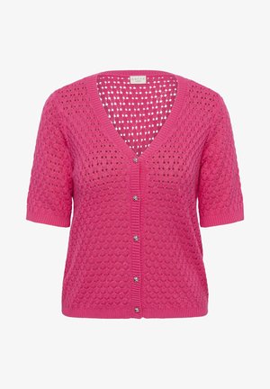 Cardigan court à manches courtes rose tricoté avec un col en V, une fermeture boutonnée sur le devant et un motif ajouré texturé.
