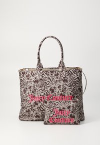 Borsa tote in stampa floreale e animale marrone con manici doppi e logo "Juicy Couture" rosa. Include una pochette con zip abbinata.