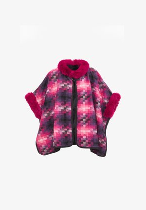 Poncho colorat cu un model pixelat în nuanțe de roz și mov, având un guler fuzzy în magenta și margine neagră. Închidere cu fermoar.