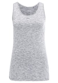 Graues Heather-Top aus leichtem Stoff mit klassischem Rundhalsausschnitt und lässiger Passform ohne Verzierungen.