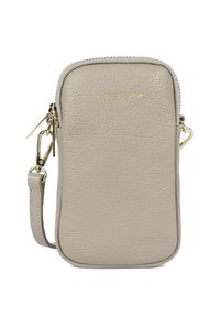 Lichtgrijs leren telefoonhoesje met een gestructureerde afwerking, ritssluiting, gouden hardware-accenten en een afneembare band voor eenvoudig dragen.
