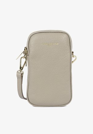 Hellgraue Leder-Handytasche mit strukturierter Oberfläche, Reißverschluss, goldfarbenen Metallakzenten und abnehmbarem Tragegurt für einfachen Transport.