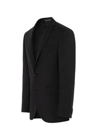 Schwarze Anzugjacke aus strukturiertem Stoff, mit Reverskragen, Ein-Knopf-Verschluss und einem gemusterten Innenfutter.