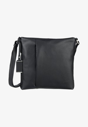 Borsa a tracolla nera in pelle con superficie texturizzata, chiusura con zip e tracolla regolabile. Presenta un piccolo cartellino rettangolare attaccato.