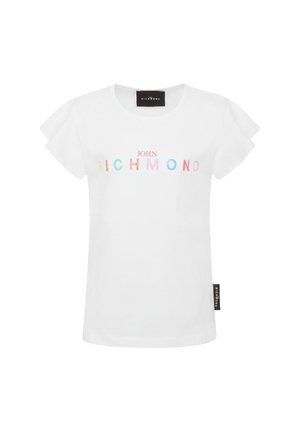 Maglietta bianca a maniche corte con maniche arricciate e testo multicolore "JOHN RICHMOND" sulla parte frontale, etichetta nera del marchio sul lato.
