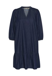 Džínová šaty tmavomodrej farby s výstrihom do V, balónovými rukávmi a vrstveným volánovým spodkom pre väčší objem a textúru.