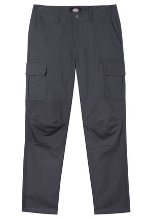 Dark gray cargo pants made of durable fabric. Features multiple pockets, including two side cargo pockets, and reinforced knee areas.