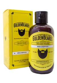 Bruine glazen fles met een zwarte flipdop, gelabeld met gele accenten en een zwarte baardafbeelding, in een gele doos met de tekst "Beard Wash."