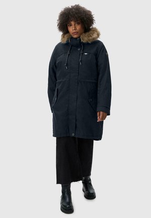 Navy parka with a faux fur-lined hood, front zipper, and snap closures. Features chest and side pockets, and a relaxed fit.