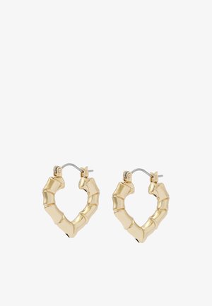Gold-toned heart-shaped hoop earrings, designed to resemble bamboo segments, with a polished finish and silver-toned hardware.