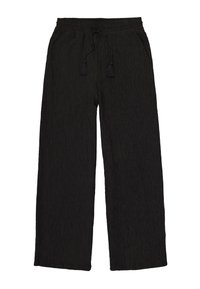Schwarze weit geschnittene Hose aus strukturiertem Material, mit einem elastischen Bund und einer verstellbaren Kordel mit Quasten. Sie verfügt über zwei Seitentaschen.