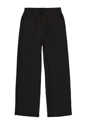 Pantalones de pierna ancha negros con una tela texturizada, cinturilla elástica y cordón ajustable con borlas. Con dos bolsillos laterales.