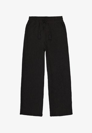 Zwarte wijde broek met een textuurstof, elastische tailleband en verstelbaar trekkoord met kwastjes. Beschikt over twee zijzakken.