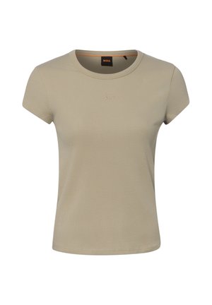 Beige geribd T-shirt met korte mouwen, ronde hals en klein geborduurd logo middenvoor, met label BOSS aan de binnenkant van de kraag.