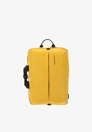 Sac à dos rectangulaire jaune en matériau lisse, doté de deux compartiments zippés, d'une poignée supérieure et d'accents noirs.