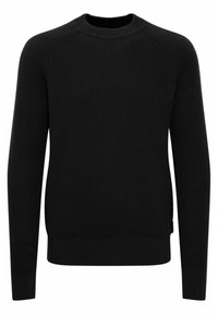 Pulover negru tricotat cu textură ribbed, guler rotund și mâneci lungi. Prezintă o margine dreaptă și manșete ajustate.
