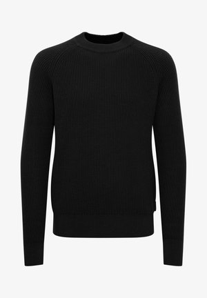 Melnas adītas džemperis ar ribotu tekstūru, ar apaļu kakla izgriezumu un garām piedurknēm. Iezīmē taisnu apakšmalu un pieguļošas piedurknes.