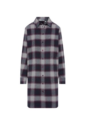 Langärmliges Karohemd aus Flanell, mit Kragen, Knöpfen vorne und einer Farbgestaltung in Dunkelviolett, Grau und Weiß.