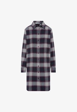 Langärmliges Karohemd aus Flanell, mit Kragen, Knöpfen vorne und einer Farbgestaltung in Dunkelviolett, Grau und Weiß.