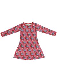 Růžové šaty s dlouhým rukávem s hravým vzorem barevných zmrzlinových kornoutů a karikaturních očí, vyrobené z měkké, elastické látky.