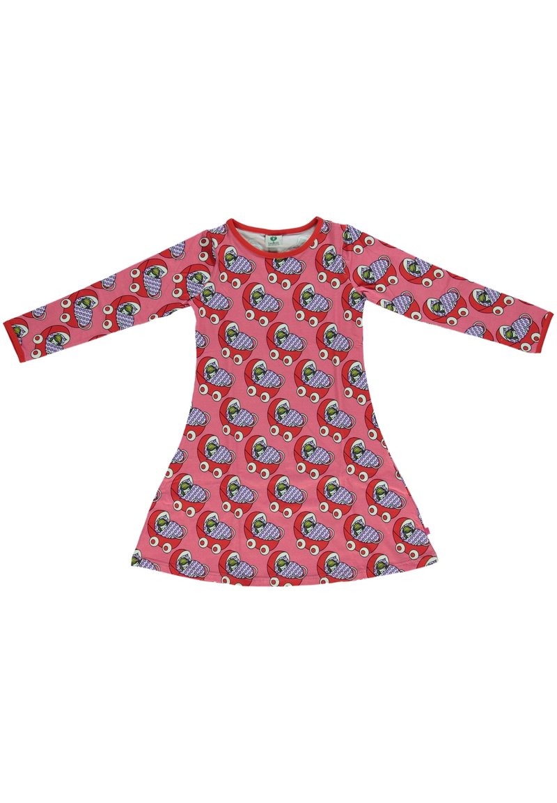 Růžové šaty s dlouhým rukávem s hravým vzorem barevných zmrzlinových kornoutů a karikaturních očí, vyrobené z měkké, elastické látky.