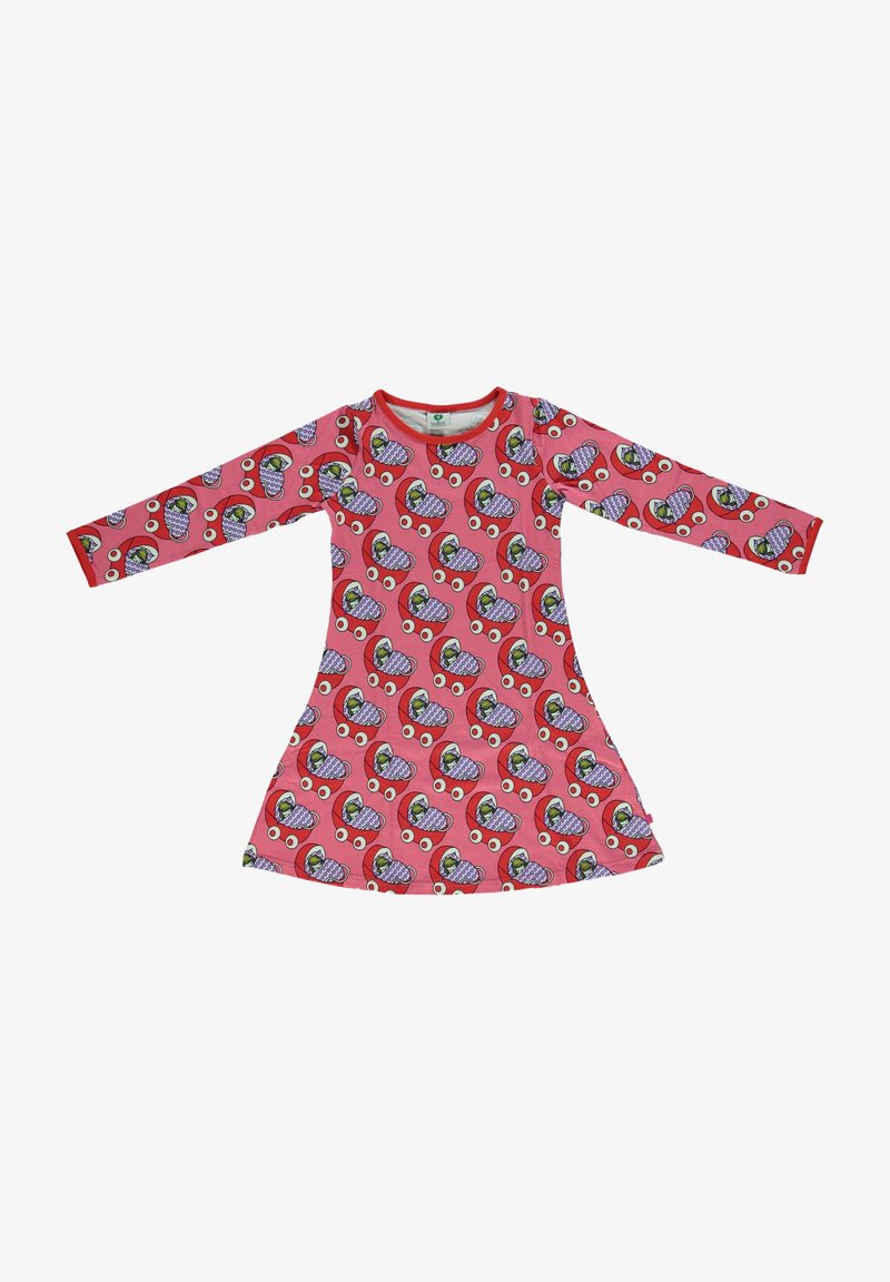 Růžové šaty s dlouhým rukávem s hravým vzorem barevných zmrzlinových kornoutů a karikaturních očí, vyrobené z měkké, elastické látky.