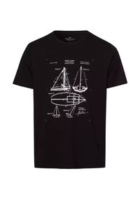 Czarny bawełniany t-shirt z białym wzorem w formie niebieskiej mapy, przedstawiającym żaglówki i elementy morskie, z tekstem oraz konturami w szczegółowym stylu graficznym.