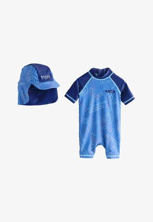 Sinised lühikeste varrukatega beebikostüüm abstraktsete tähtede mustriga ja sobiv päikesemüts kaelakaitsega, mõlemad kaubamärgiga "Baker by Ted Baker".
