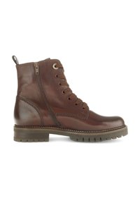 Botas de cuero marrón hasta el tobillo con cordones y cremallera lateral, punta redonda, suela texturizada con surcos y detalles de costura en contraste.
